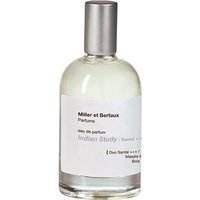 Clear glass bottle with silver cap, white label reading "Miller et Bertaux Indian Study Eau de Parfum 100 ml."