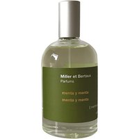 Clear glass bottle with green label, silver cap, containing Miller et Bertaux Menta y Menta Eau de Parfum 100 ml.