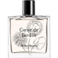 Clear glass bottle of Coeur De Jardin Eau de Parfum with floral illustrations and black cap.