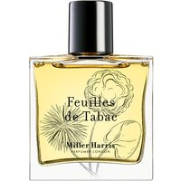 Clear glass bottle of Miller Harris Feuilles De Tabac perfume with black cap and botanical illustration.