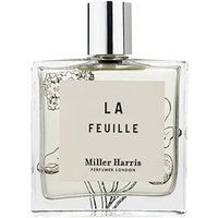 Clear glass bottle with silver cap, label reads "La Feuille" by Miller Harris, featuring floral design, 100 ml unisex perfume.