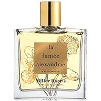 Clear glass bottle of Miller Harris La Fumee Alexandrie perfume with gold cap and floral design on label.