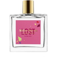Clear glass bottle with gold cap, pink label reading "Miller Harris Lost in the City," 100 ml unisex eau de parfum.