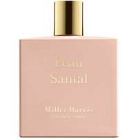 Peau Santal Eau de Parfum by Miller Harris, 100 ml, unisex woody perfume in a blush pink rectangular bottle with gold cap.