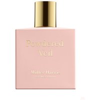 Pink square bottle of Miller Harris Powdered Veil Eau de Parfum with gold cap and embossed text.