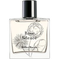 Clear glass bottle of Miller Harris Rose Silence Eau de Parfum, black cap, floral design on front, 50 ml size.