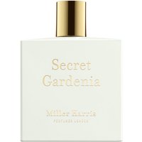White rectangular bottle of Miller Harris Secret Gardenia Eau de Parfum with gold cap and embossed text.