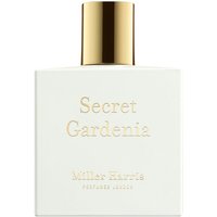 White rectangular perfume bottle with gold cap, labeled "Secret Gardenia" by Miller Harris, 50 ml.