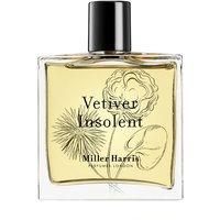Clear glass bottle with black cap, featuring floral design and "Vetiver Insolent" text, containing golden perfume.