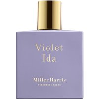 Purple rectangular bottle of Miller Harris Violet Ida Eau de Parfum with gold cap and text.