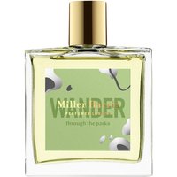 Clear glass bottle with gold cap, green label reading "Wander through the Parks," containing unisex fougère perfume.