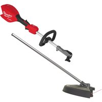 Red and black Milwaukee cordless garden trimmer with brushless motor and detachable QUIK-LOK shaft.