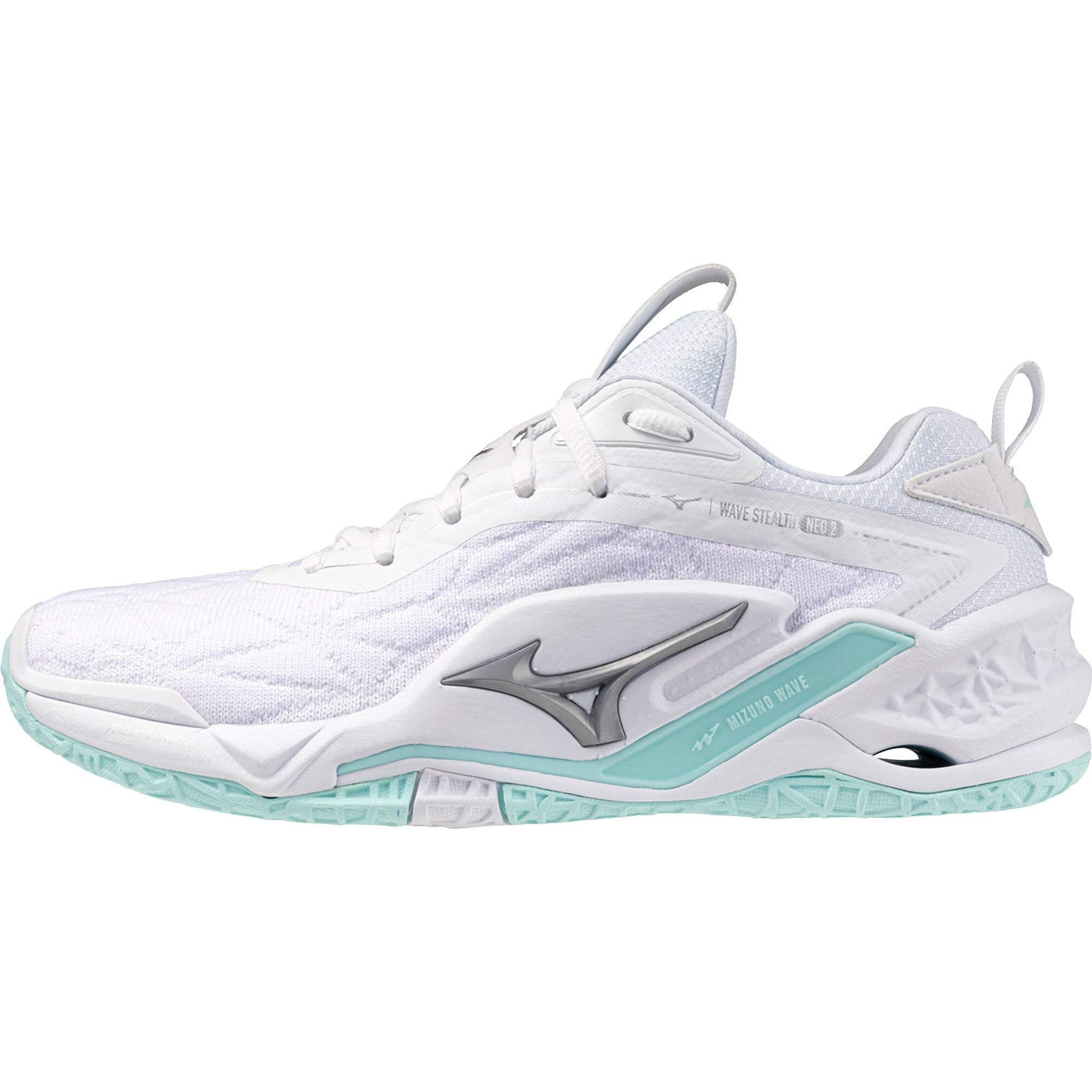 Women's Mizuno Wave Stealth Neo 2 training shoes featuring a white mesh upper, silver accents, and a light blue sole, designed for comfort and performance.