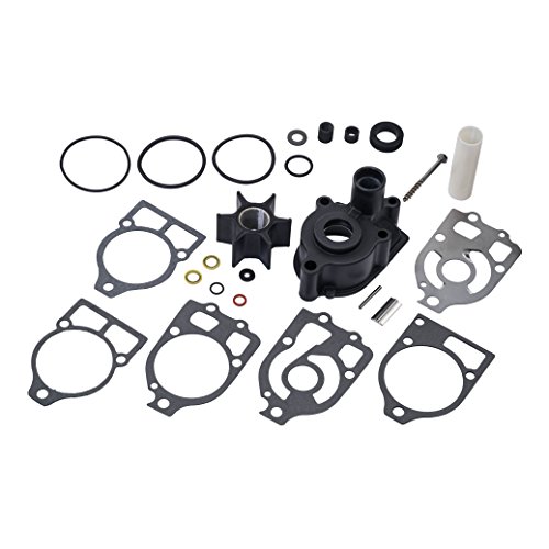 Quicksilver 96148Q8 water pump repair kit featuring black plastic components, rubber gaskets, various O-rings, and metal fittings, designed for Mercury, Mariner outboards, and MerCruiser stern drives.