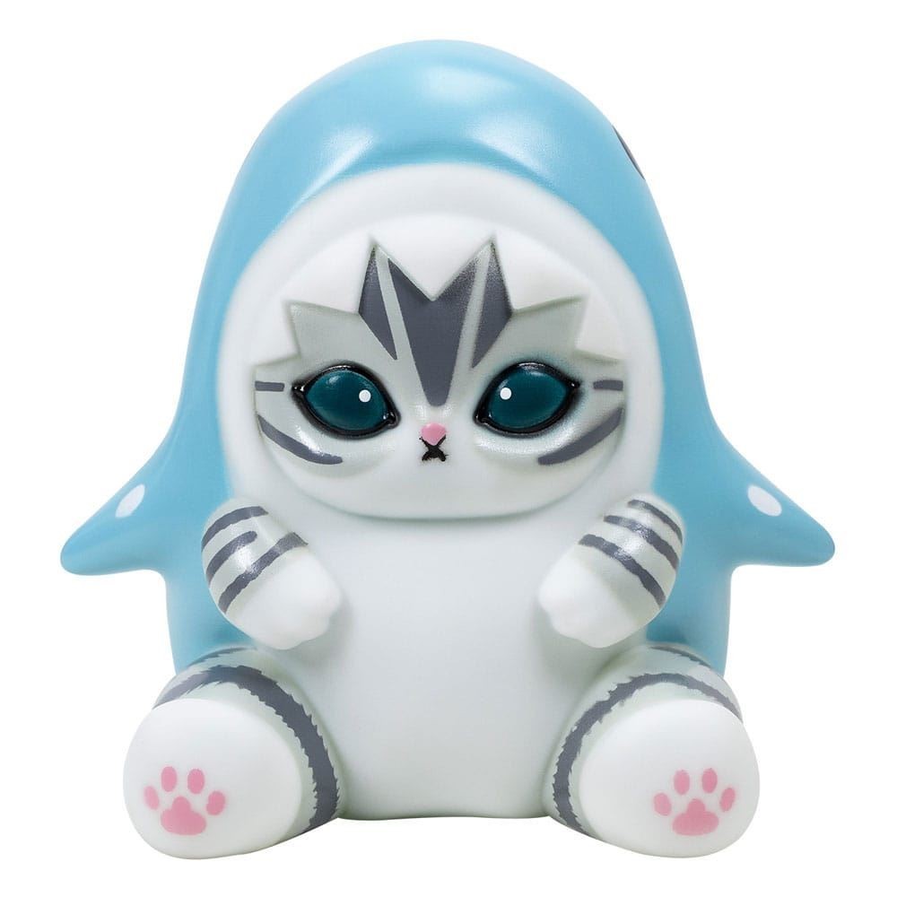 Cute Mofusand Mood Lamp, 11 cm tall, features a blue hooded cat design with large teal eyes, white body, and pink paw prints, made of soft, durable material.