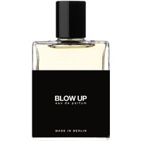 Clear glass bottle with black cap, labeled "Blow Up Eau de Parfum" by Moth and Rabbit, 50 ml unisex woody perfume.