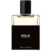 Clear glass bottle with black cap, labeled "Dolls Eau de Parfum" by Moth and Rabbit, unisex floral fragrance, 50 ml.