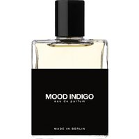 Clear glass bottle with black cap, "Mood Indigo" label, by Moth and Rabbit, 50 ml unisex spicy eau de parfum.