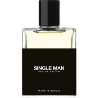 Clear glass bottle with black cap, labeled "Single Man Eau de Parfum" by Moth and Rabbit, unisex woody scent.