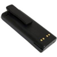 Black Motorola MT2000 Battery Pack by Zebra with three gold contact points and a belt clip.