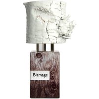 Blamage perfume bottle with wood-textured base and unique white, bark-like cap, 30 ml unisex woody fragrance.