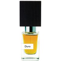 Clear glass bottle with amber liquid, black rectangular cap, and white label reading "Duro" for men's woody perfume.