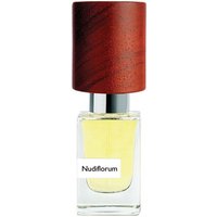 Clear glass bottle with yellow perfume, silver neck, and dark wooden cap, labeled "Nudiflorum" by Nasomatto.