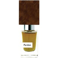 Nasomatto Pardon 30 ml men's spicy perfume with a square brown cap and clear bottle displaying amber liquid.