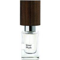 Nasomatto Silver Musk 30 ml perfume with a clear glass bottle and dark wooden cap.