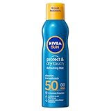 Blue Nivea Sun mist spray bottle with yellow cap, SPF 50 label, 200ml, promises UVA/UVB protection and water resistance.