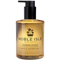 Clear bottle of Noble Isle Summer Rising Bath & Shower Gel with black pump and floral logo, 250 ml.