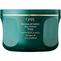Green Oribe hair masque jar with gold lid, labeled "Moisture & Control Deep Treatment Masque" in white text.