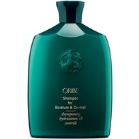 Green Oribe shampoo bottle with gold text, embossed logo, and a flat cap, 250 ml size for moisture and control.