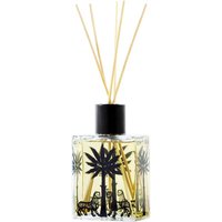Ortigia Ambra Nera diffuser, 100 ml, clear glass bottle with black palm tree design and reed sticks.