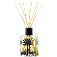 Ortigia Ambra Nera diffuser, 200 ml glass bottle with black palm tree design and reed sticks.