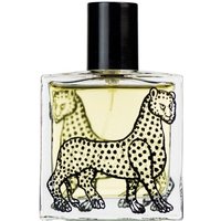 Clear glass bottle with black cap, featuring a leopard design, containing Ortigia Ambra Nera unisex amber oriental perfume.