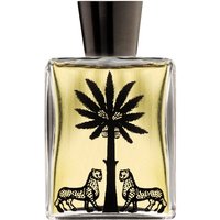 Clear glass bottle with black palm tree and leopard design, containing golden Ortigia Ambra Nera moisturizing body oil.