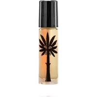 Amber perfume oil roll-on with black cap and palm tree design on clear bottle.