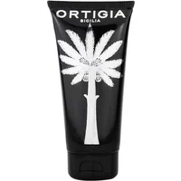 Black Ortigia Ambra Nera shampoo tube, 100 ml, with white palm tree design and bold white lettering.