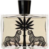 Clear glass Ortigia Bergamotto Eau de Parfum bottle, black cap, palm tree and leopard design, 100 ml unisex citrus scent.