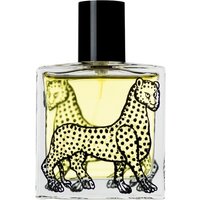 Clear glass bottle with black cap, featuring a leopard design, containing yellow Bergamotto Eau de Parfum by Ortigia.