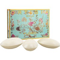 Ortigia Florio soap kit with three oval olive oil soaps and floral turquoise packaging.