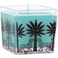 Turquoise Ortigia Florio square candle with black palm and animal design on clear glass holder.