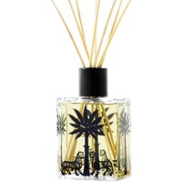 Ortigia Lime di Sicilia diffuser, 1000 ml, clear glass with black palm tree design and reed sticks.