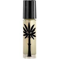 Clear glass roll-on bottle with black palm tree design, black cap, containing Ortigia Melograno perfume oil, 10 ml.