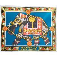 Ortigia Sandalo Bath Salts Sachet, colorful elephant design on blue background, 75 g package.