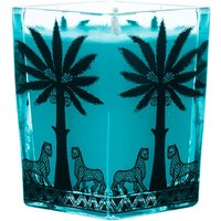 Blue Ortigia Sandalo square candle with black palm tree and leopard design, 170 g, woody scent.