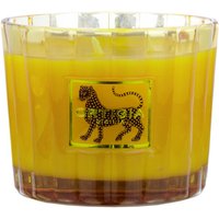 Yellow Ortigia Zagara 4 Wick Candle with citrus scent, in a clear glass holder featuring a leopard design.