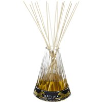Ortigia Zagara diffuser, 500 ml, conical glass bottle with golden liquid and reed sticks, black and gold label.