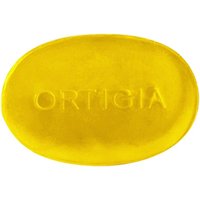 Yellow oval Ortigia Zagara glycerine soap with embossed brand name.